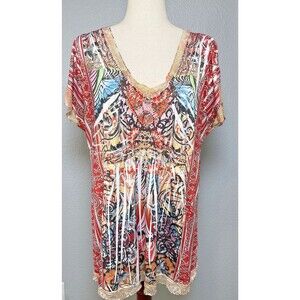 Unity World Wear womens short sleeve embellished blouse 1X NWOT summer party